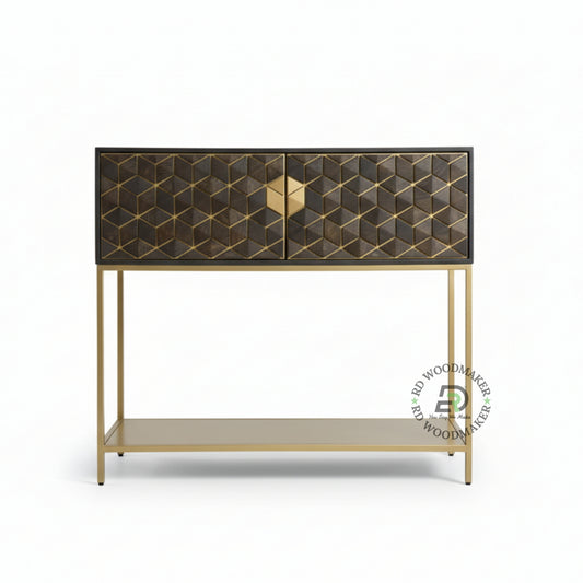 GEOMETRIC INLAY WOOD CONSOLE CABINET WITH GOLD METAL FRAME