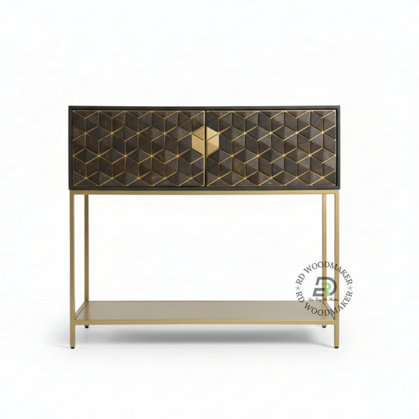 GEOMETRIC INLAY WOOD CONSOLE CABINET WITH GOLD METAL FRAME