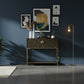 GEOMETRIC INLAY WOOD CONSOLE CABINET WITH GOLD METAL FRAME