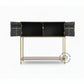 GEOMETRIC INLAY WOOD CONSOLE CABINET WITH GOLD METAL FRAME