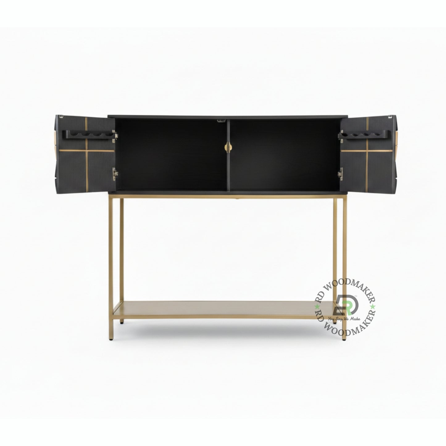 GEOMETRIC INLAY WOOD CONSOLE CABINET WITH GOLD METAL FRAME
