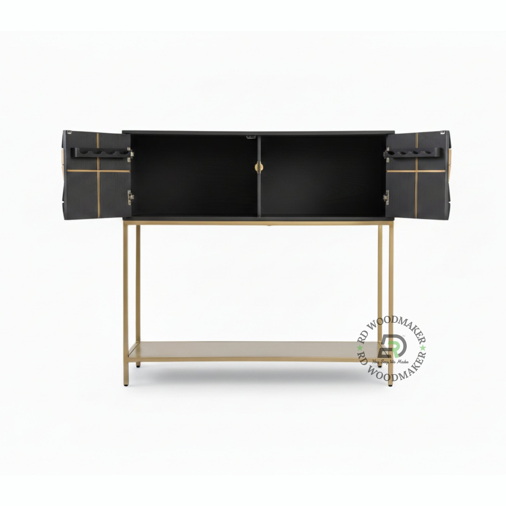 GEOMETRIC INLAY WOOD CONSOLE CABINET WITH GOLD METAL FRAME