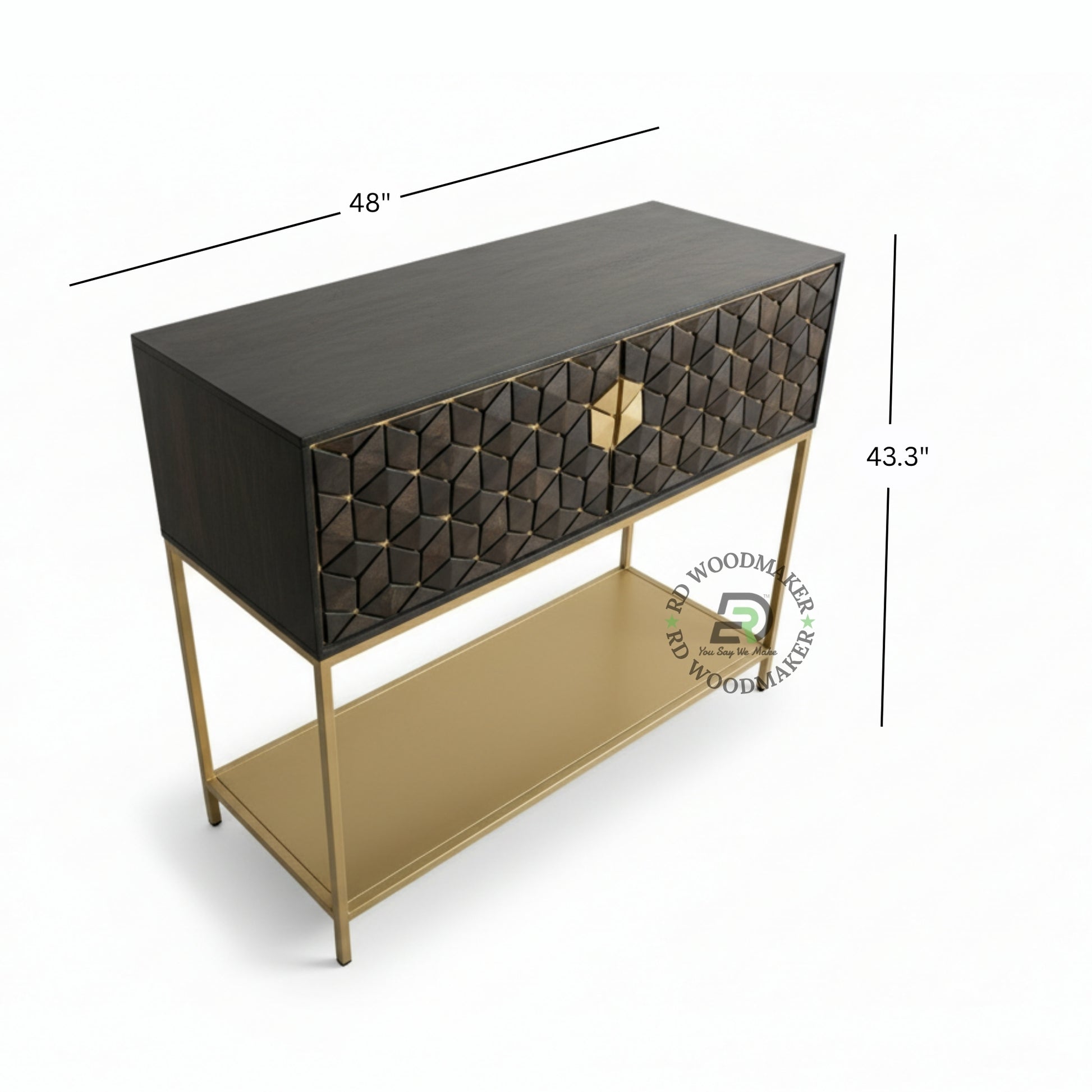 GEOMETRIC INLAY WOOD CONSOLE CABINET WITH GOLD METAL FRAME