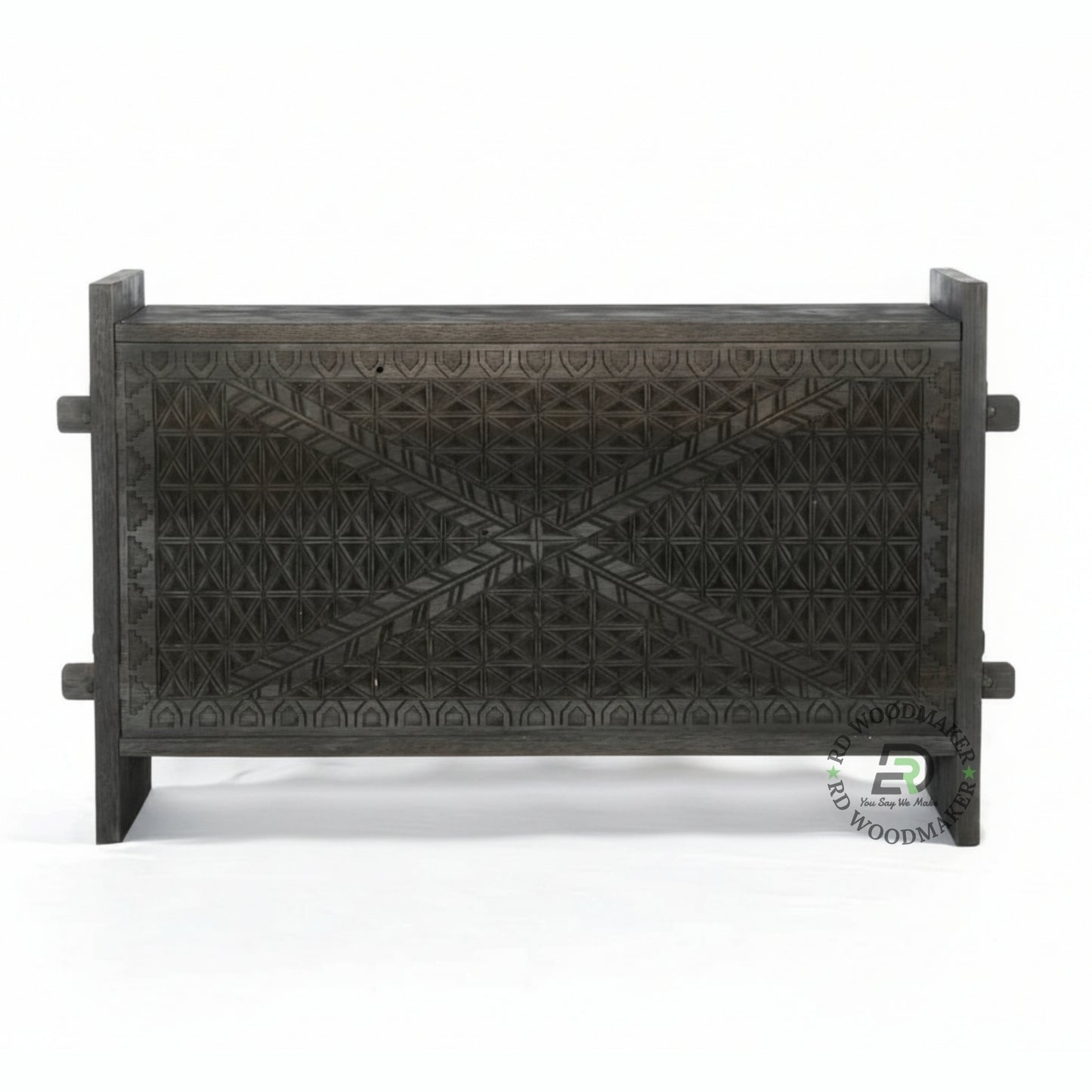 HANDCARVED TRIBAL SOLID WOOD STORAGE CHEST CONSOLE IN DISTRESSED GREY FINISH