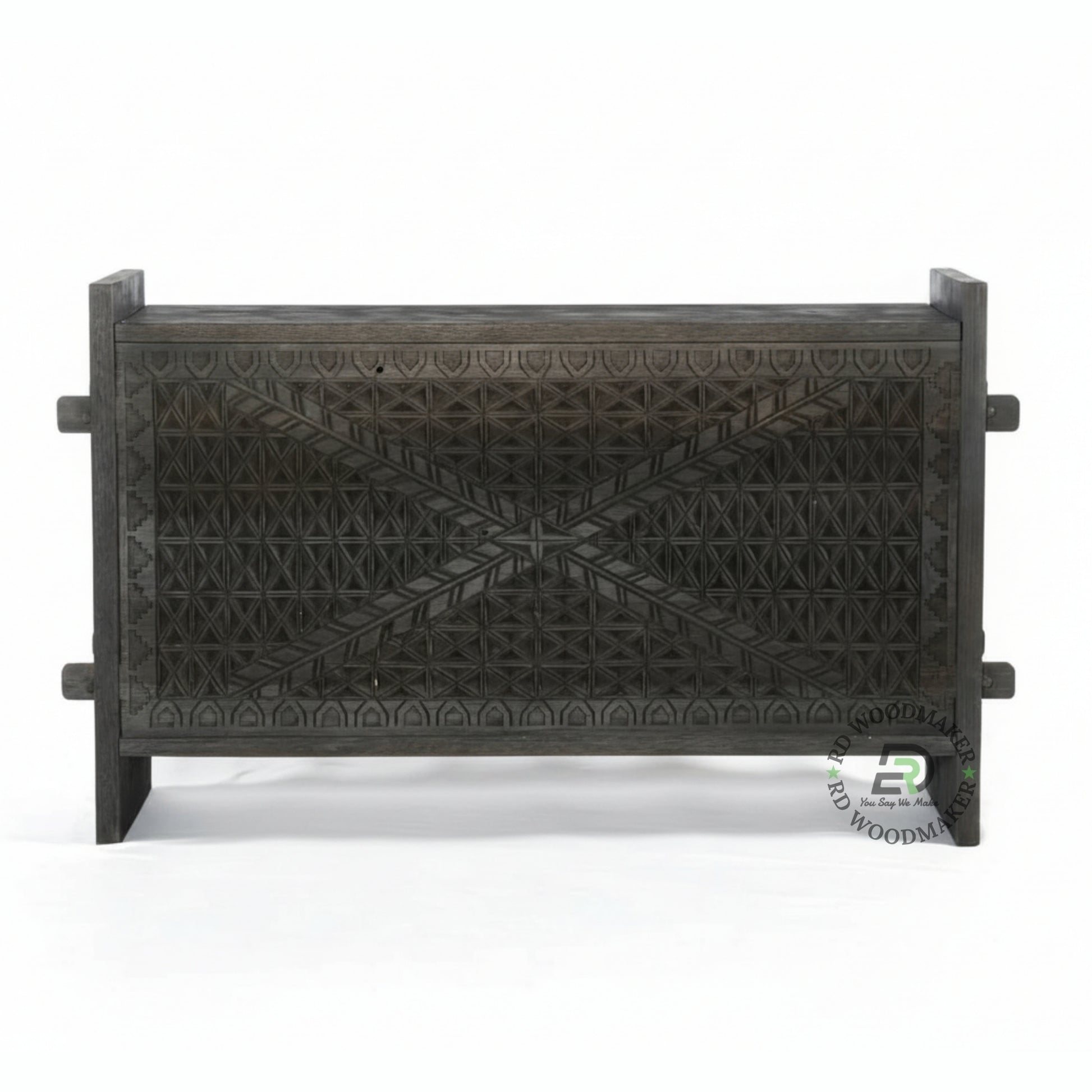 HANDCARVED TRIBAL SOLID WOOD STORAGE CHEST CONSOLE IN DISTRESSED GREY FINISH