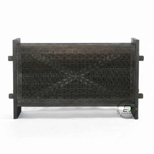 HANDCARVED TRIBAL SOLID WOOD STORAGE CHEST CONSOLE IN DISTRESSED GREY FINISH
