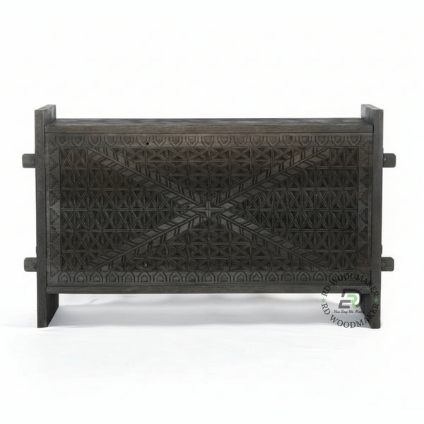 HANDCARVED TRIBAL SOLID WOOD STORAGE CHEST CONSOLE IN DISTRESSED GREY FINISH