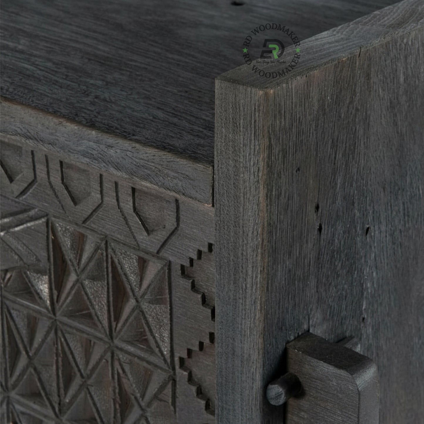 HANDCARVED TRIBAL SOLID WOOD STORAGE CHEST CONSOLE IN DISTRESSED GREY FINISH
