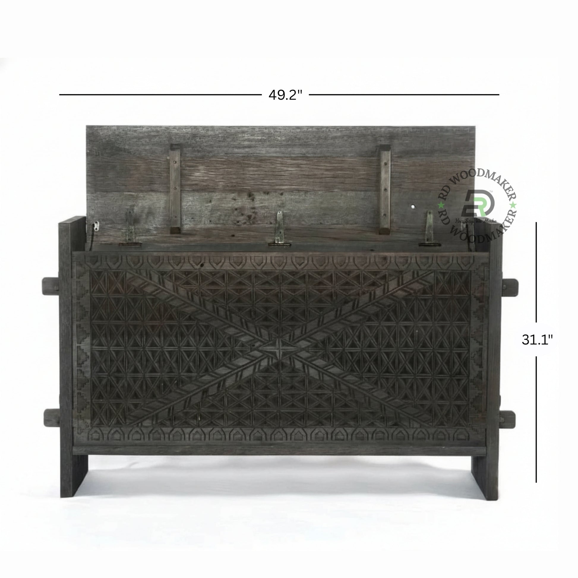 HANDCARVED TRIBAL SOLID WOOD STORAGE CHEST CONSOLE IN DISTRESSED GREY FINISH