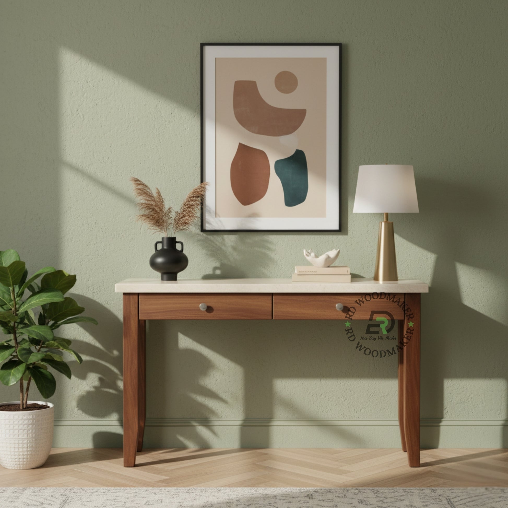 DUAL DRAWER MARBLE TOP WOODEN CONSOLE TABLE