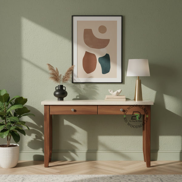 DUAL DRAWER MARBLE TOP WOODEN CONSOLE TABLE