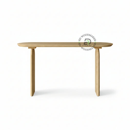 SLEEK NATURAL WOOD PANEL LEG CONSOLE TABLE