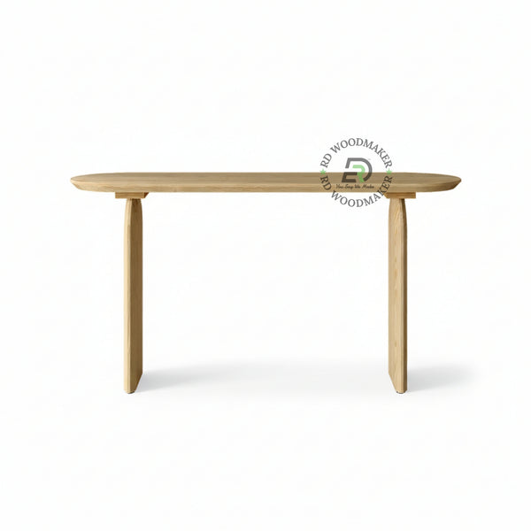 SLEEK NATURAL WOOD PANEL LEG CONSOLE TABLE