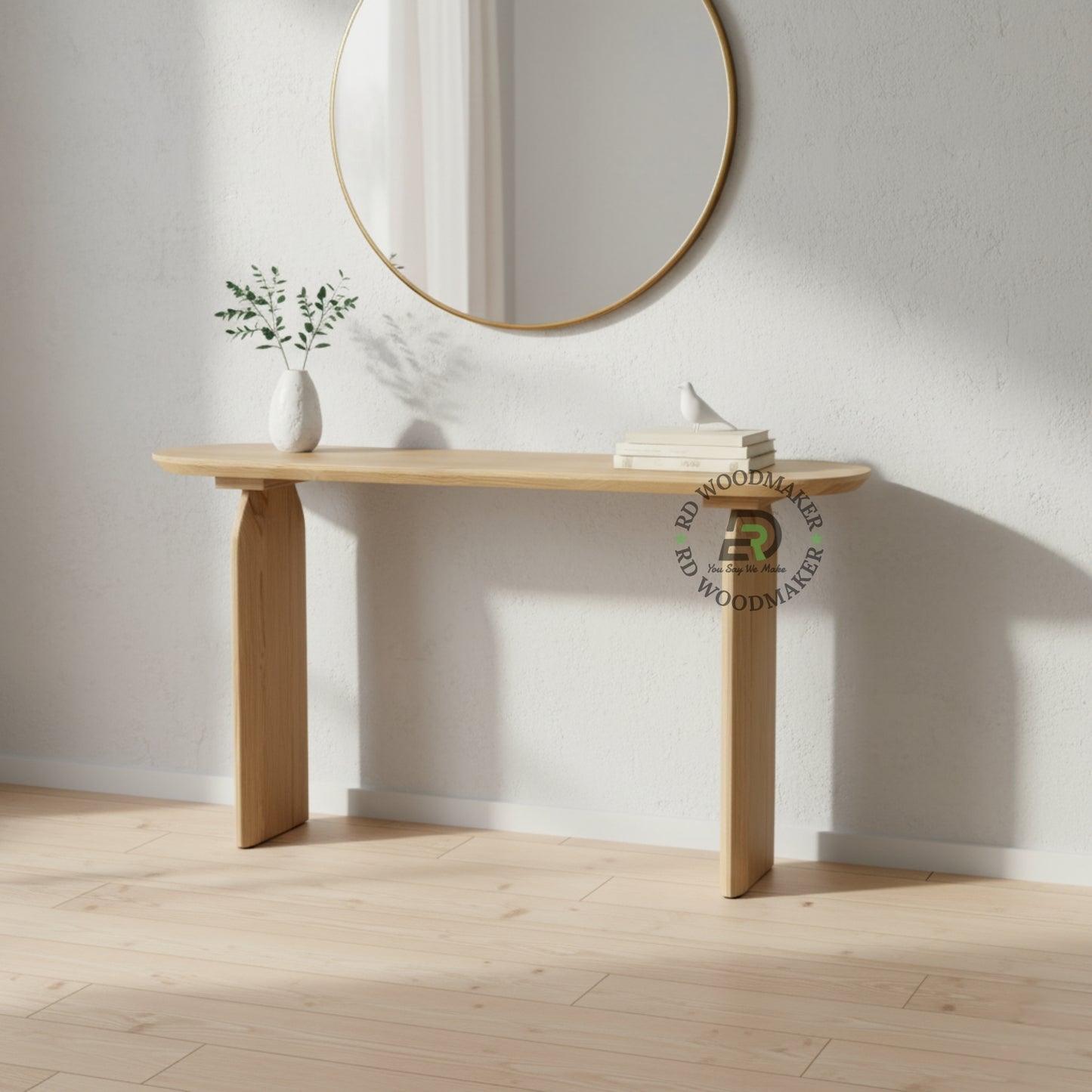 SLEEK NATURAL WOOD PANEL LEG CONSOLE TABLE