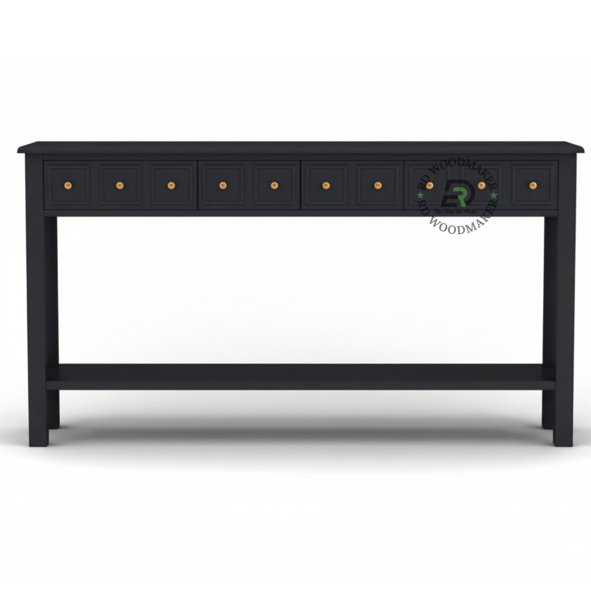 MULTI DRAWER LONG BLACK CONSOLE TABLE WITH SHELF