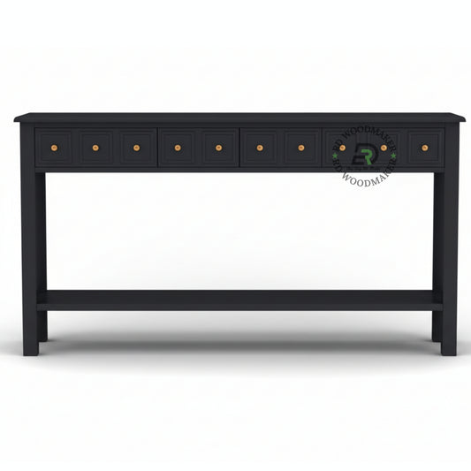 MULTI DRAWER LONG BLACK CONSOLE TABLE WITH SHELF