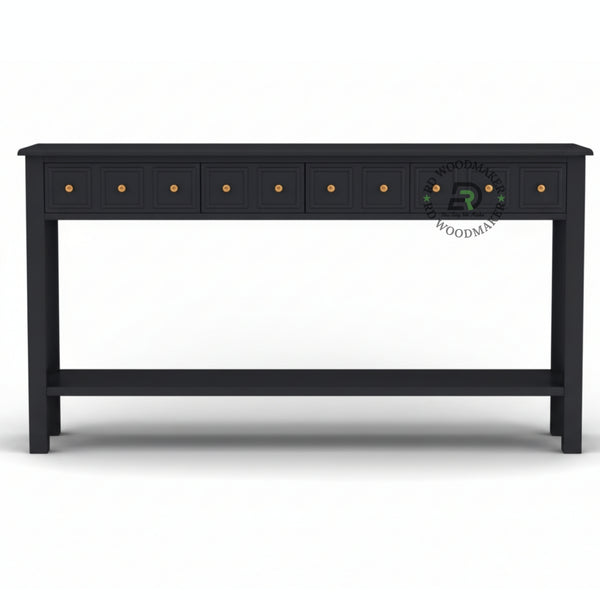 MULTI DRAWER LONG BLACK CONSOLE TABLE WITH SHELF