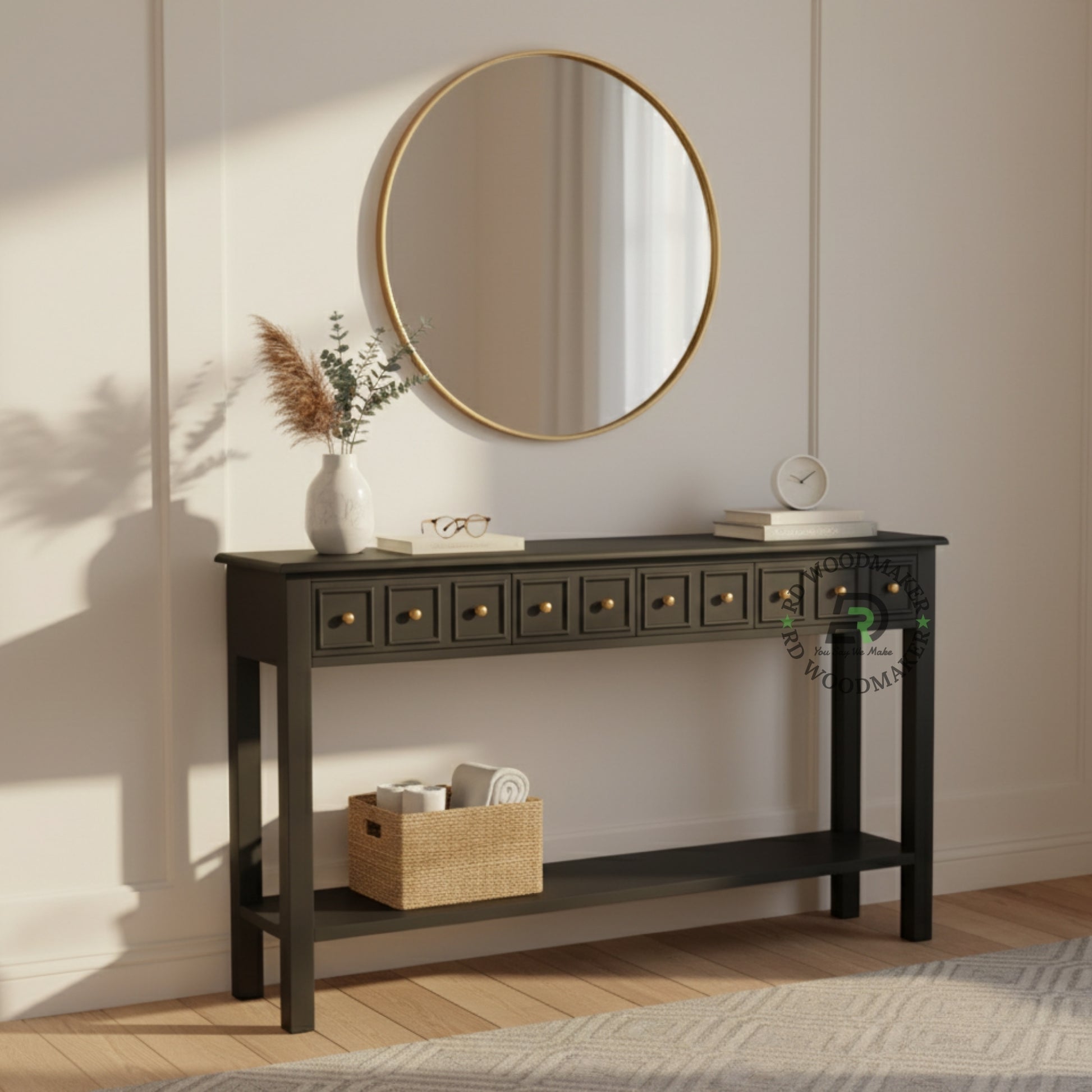 MULTI DRAWER LONG BLACK CONSOLE TABLE WITH SHELF