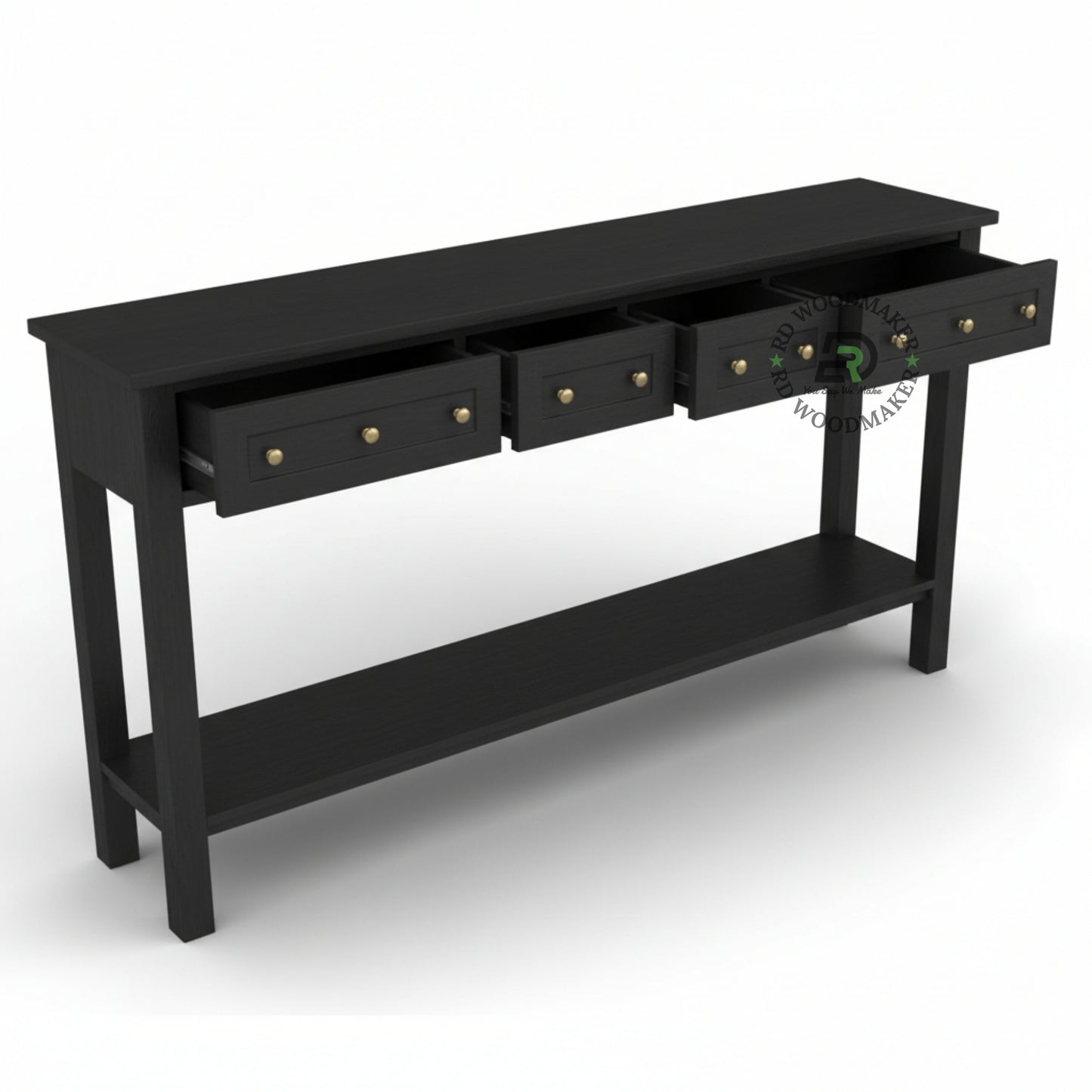 MULTI DRAWER LONG BLACK CONSOLE TABLE WITH SHELF