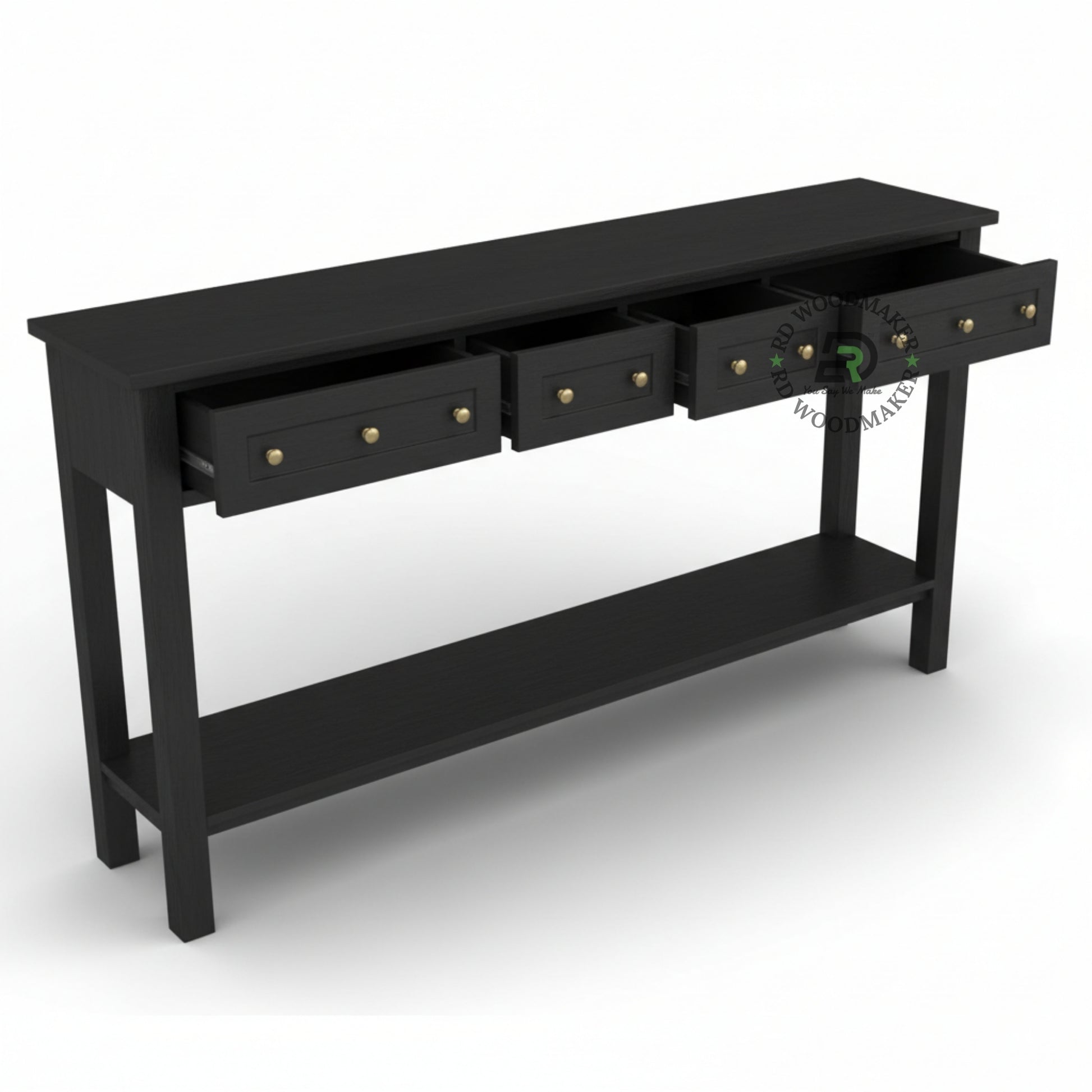 MULTI DRAWER LONG BLACK CONSOLE TABLE WITH SHELF