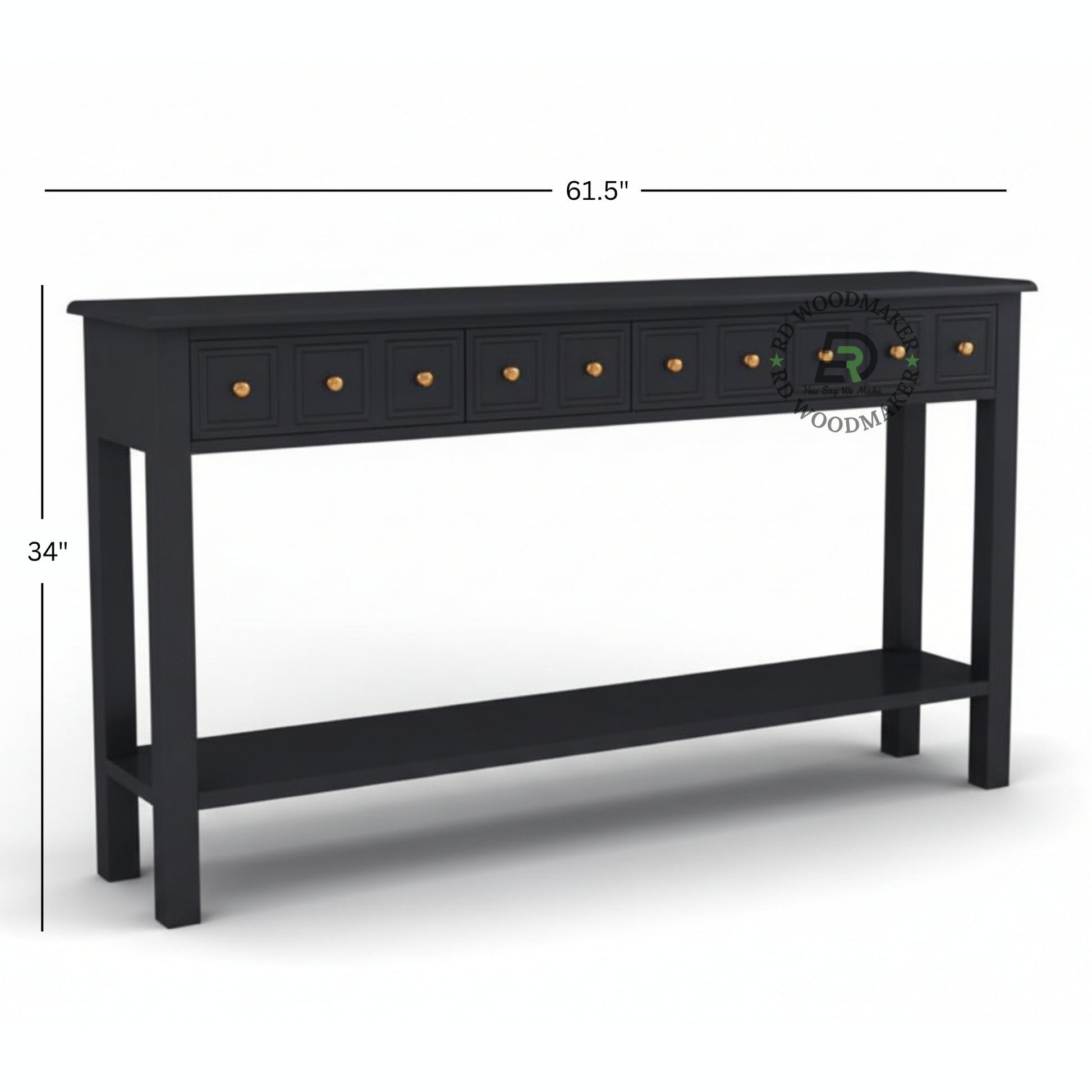 MULTI DRAWER LONG BLACK CONSOLE TABLE WITH SHELF