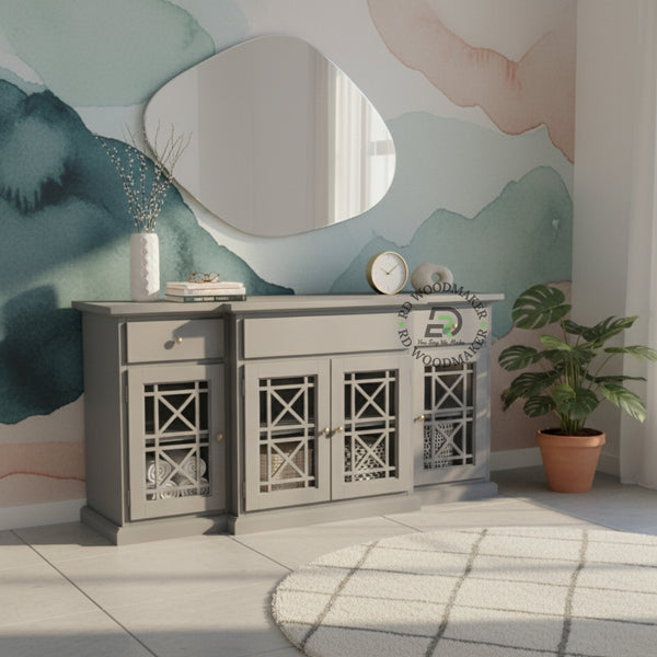 GLASS PANEL STORAGE GREY SIDEBOARD CONSOLE TABLE