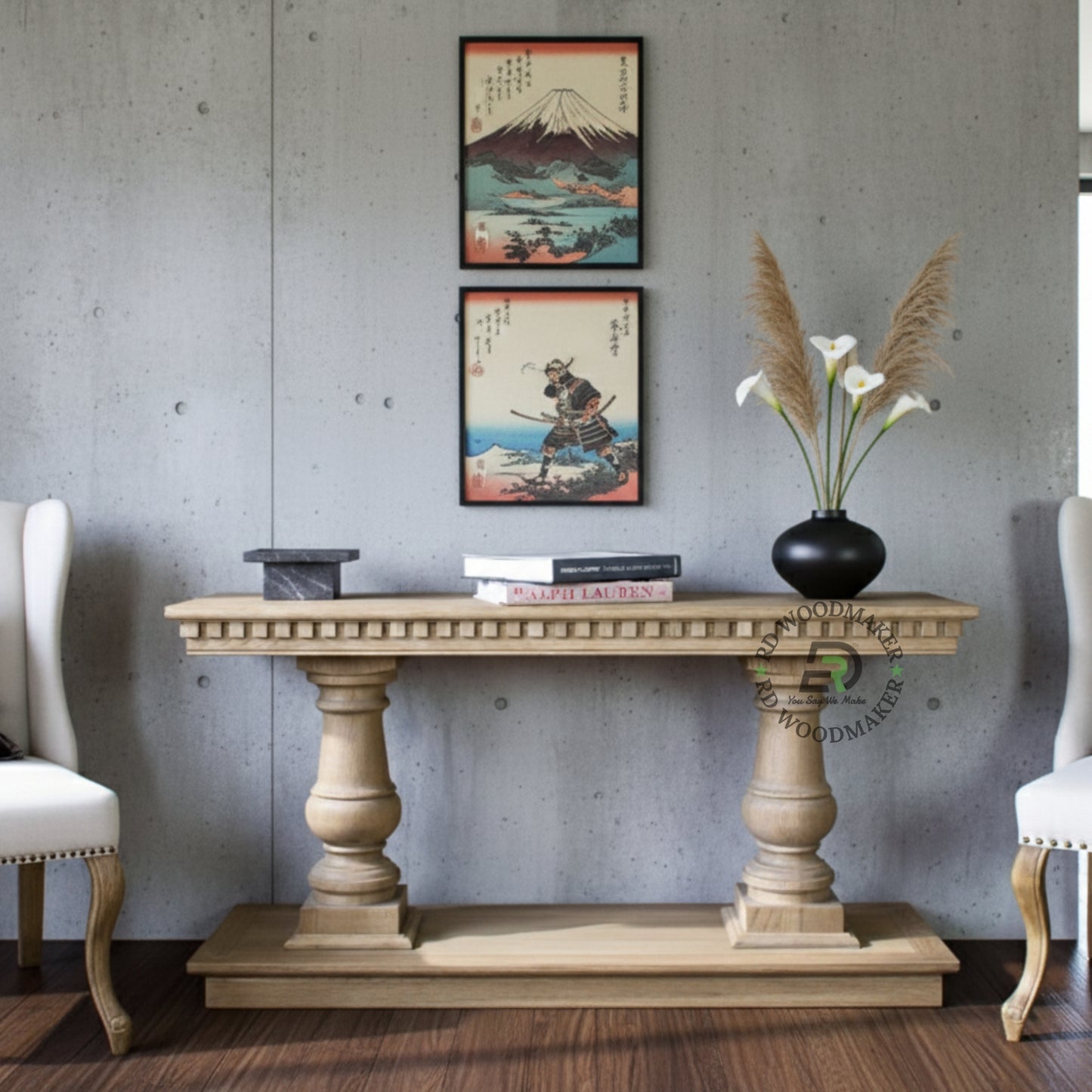 CLASSIC DOUBLE PEDESTAL NATURAL WOOD CONSOLE TABLE