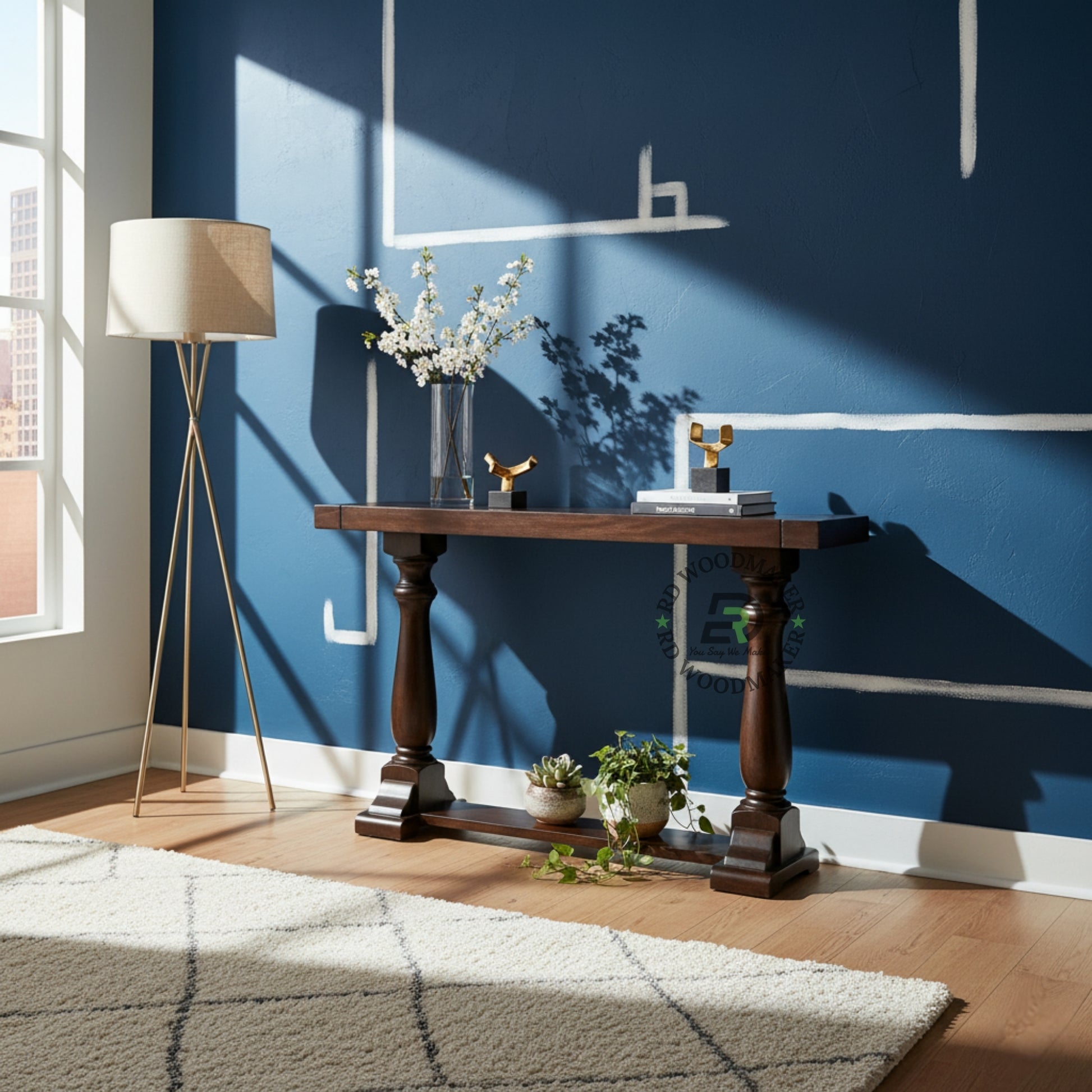 DOUBLE PEDESTAL SOLID WOOD CONSOLE TABLE