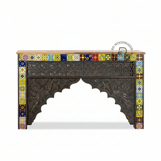 HANDCRAFTED MOSAIC CARVED ARCH CONSOLE TABLE