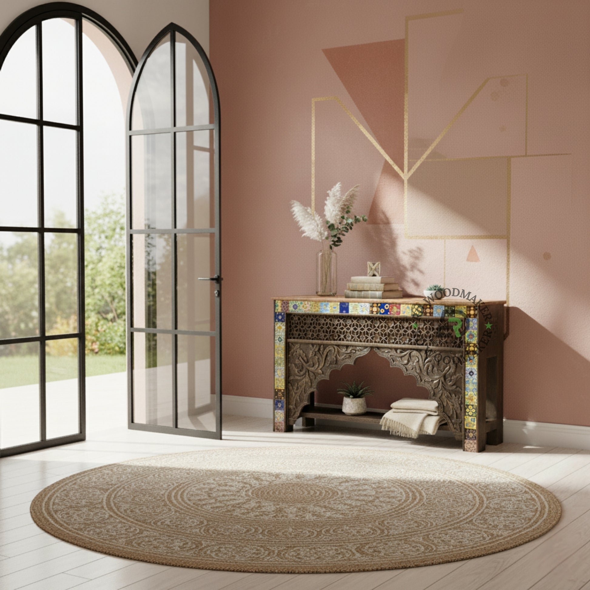 HANDCRAFTED MOSAIC CARVED ARCH CONSOLE TABLE