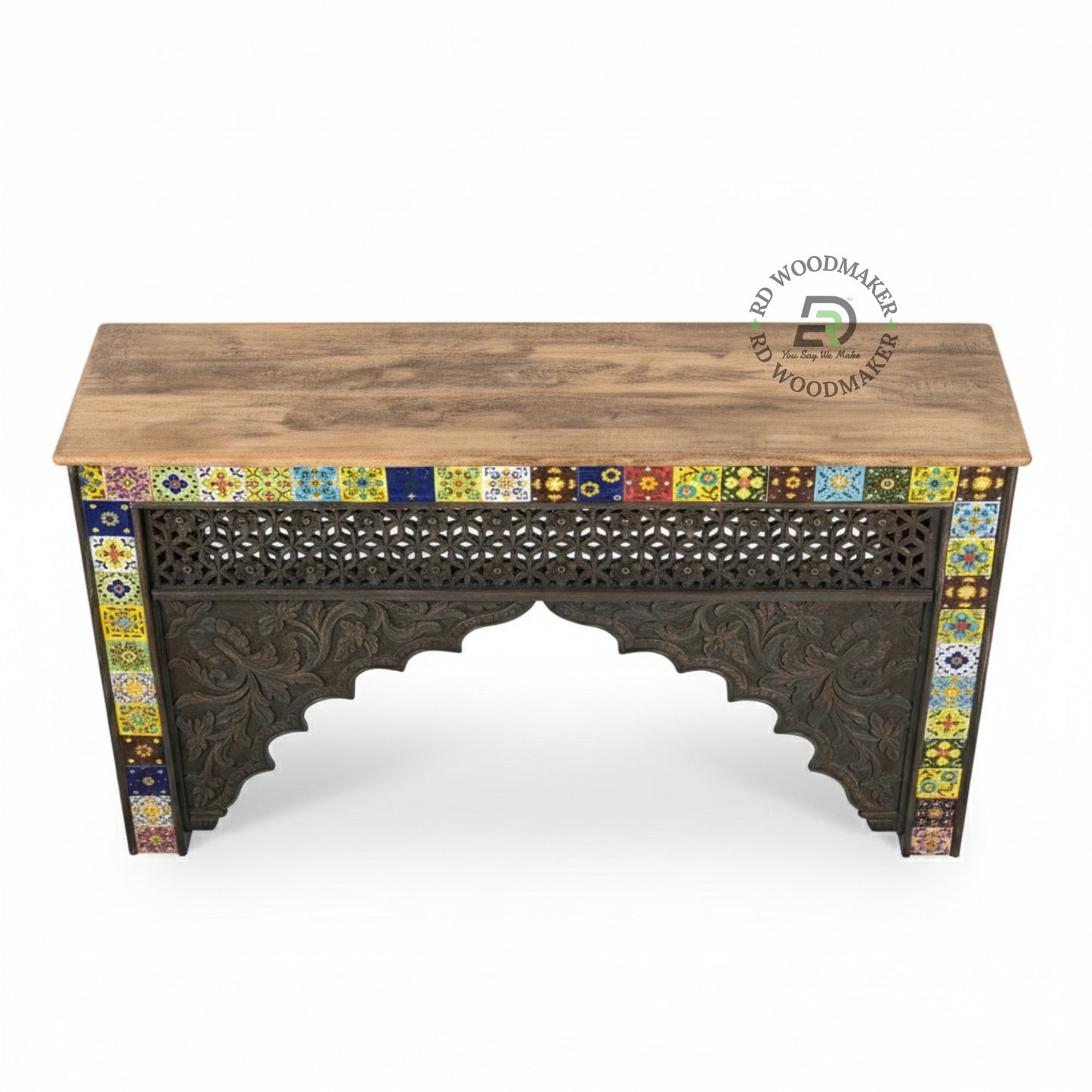 HANDCRAFTED MOSAIC CARVED ARCH CONSOLE TABLE