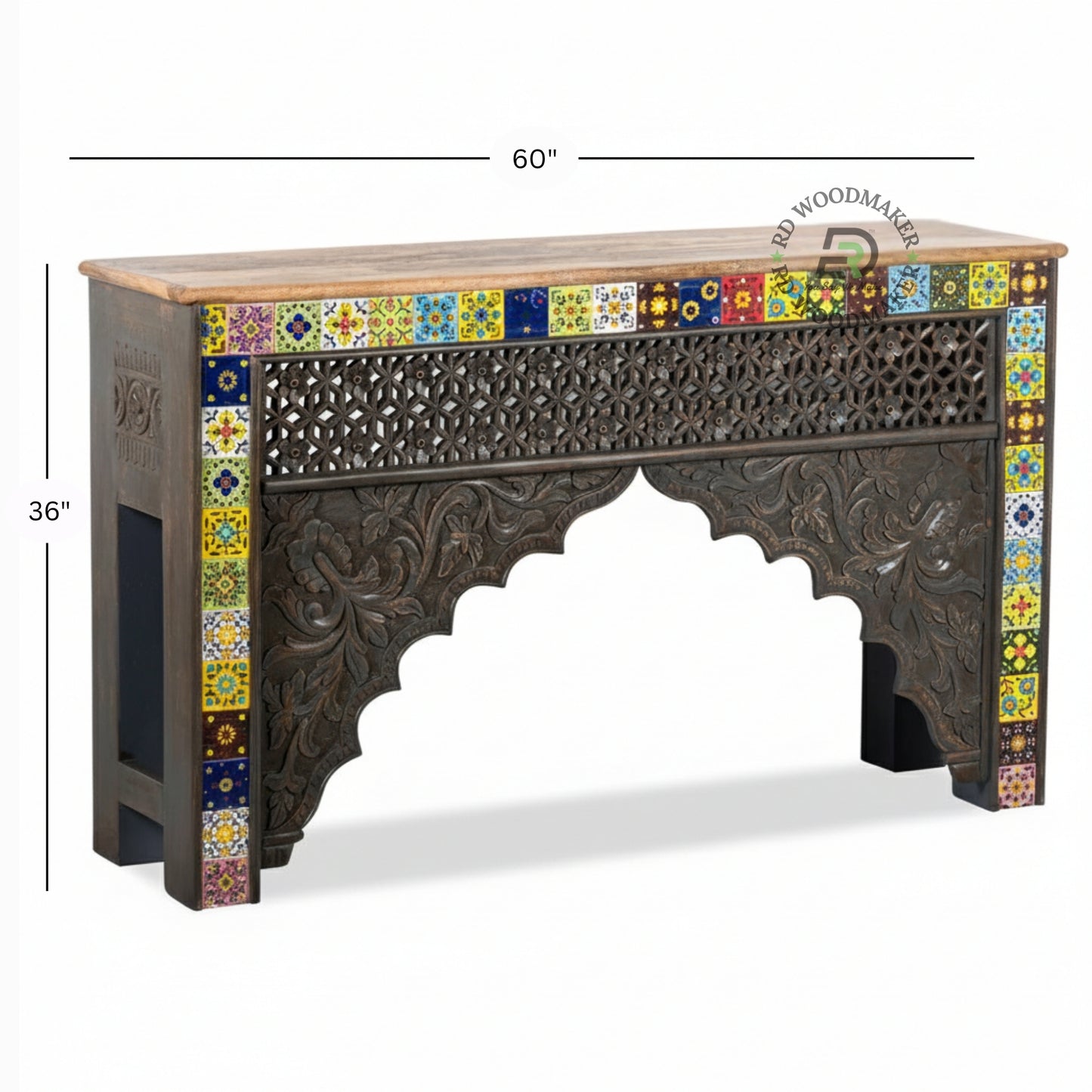 HANDCRAFTED MOSAIC CARVED ARCH CONSOLE TABLE