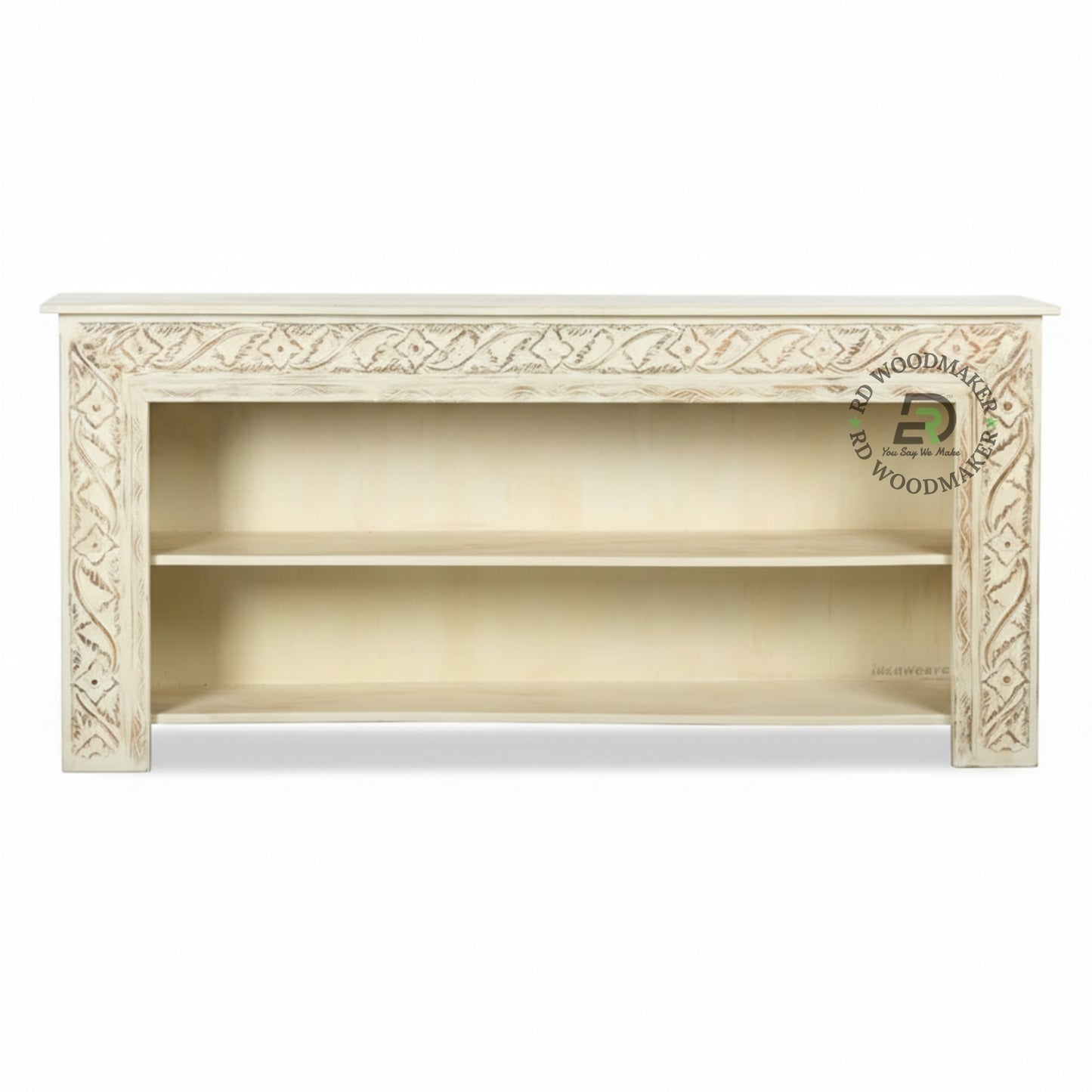 CARVED OPEN SHELF CONSOLE TABLE WITH STORAGE