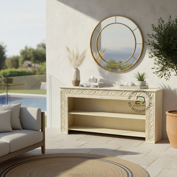 CARVED OPEN SHELF CONSOLE TABLE WITH STORAGE