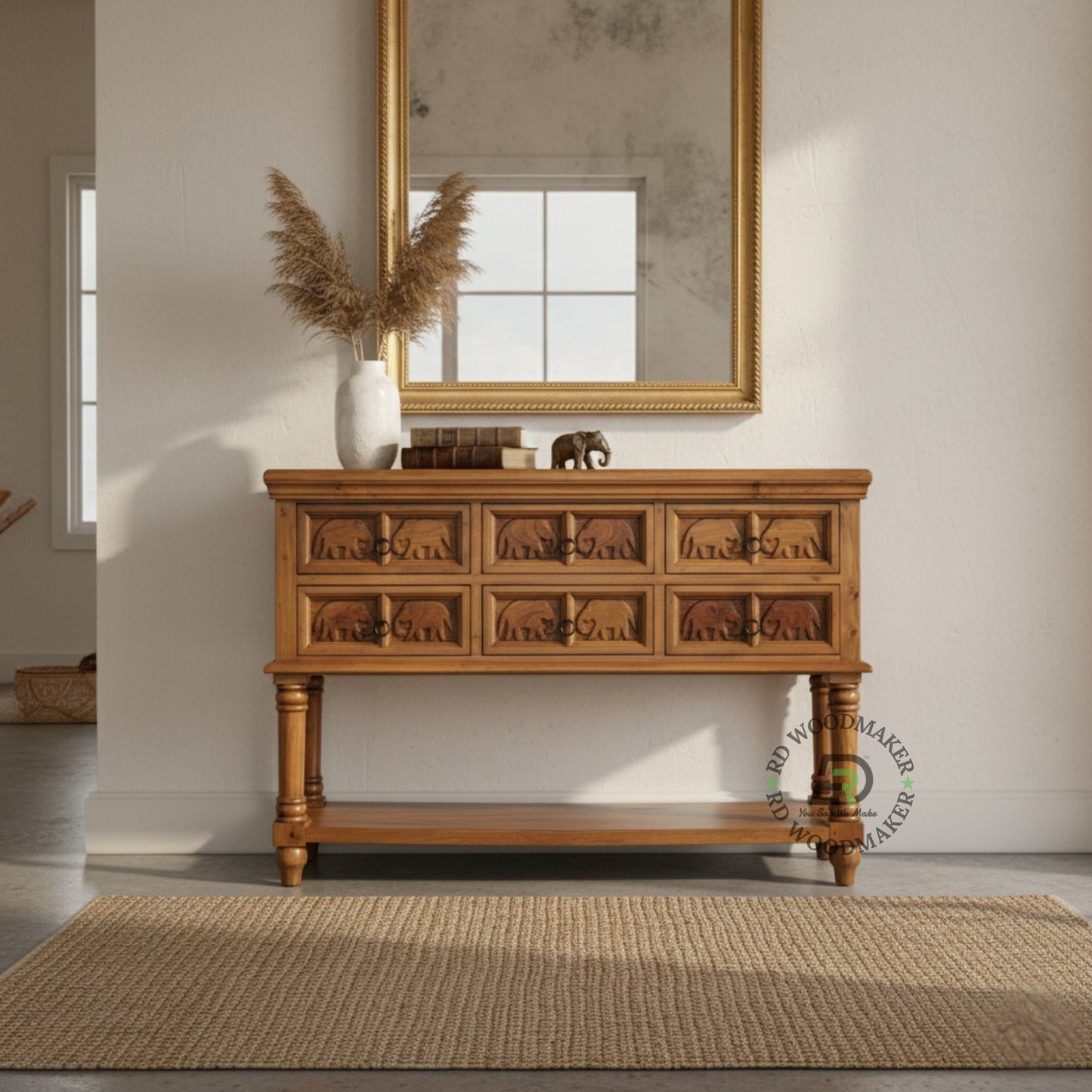 HERITAGE ELEPHANT CARVED STORAGE CONSOLE TABLE