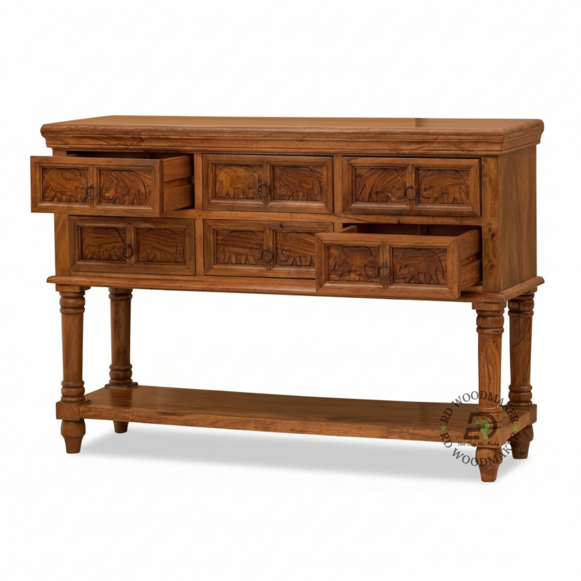 HERITAGE ELEPHANT CARVED STORAGE CONSOLE TABLE