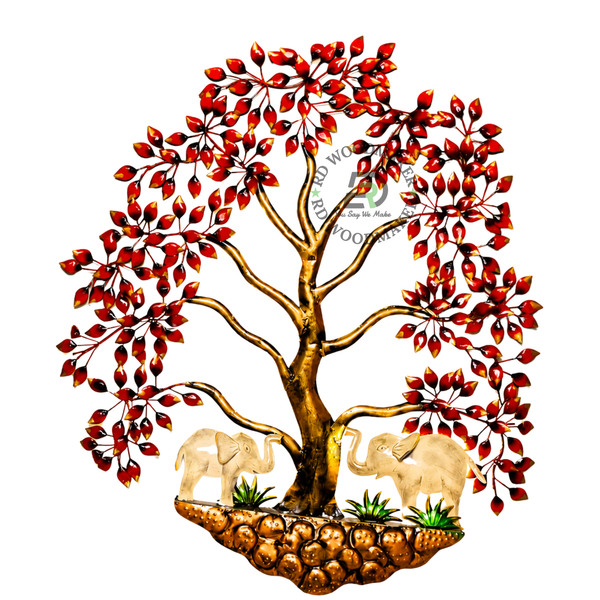 RED TREE WITH ELEPHANTS METAL WALL DECOR