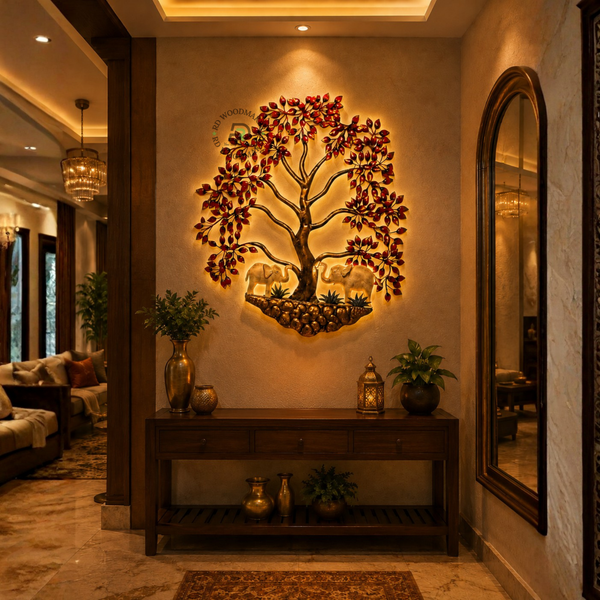 RED TREE WITH ELEPHANTS METAL WALL DECOR