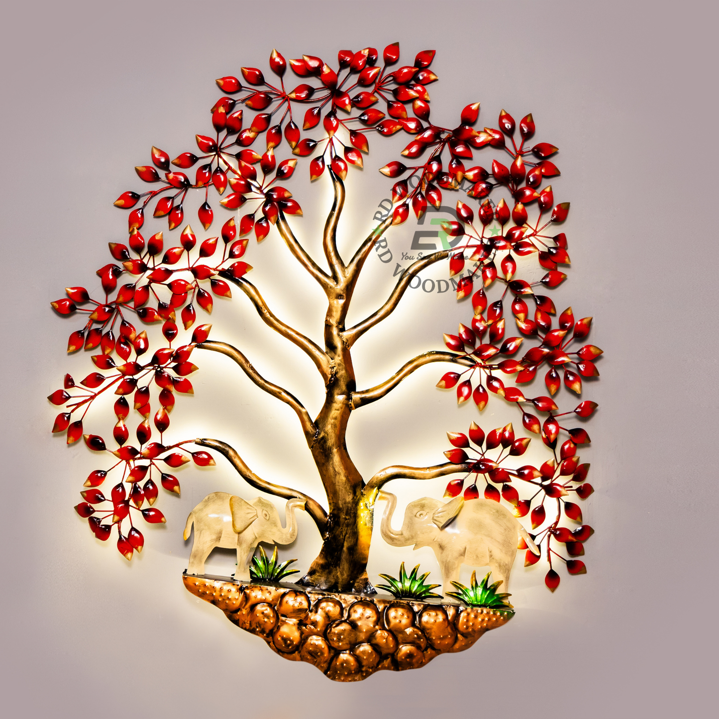 RED TREE WITH ELEPHANTS METAL WALL DECOR