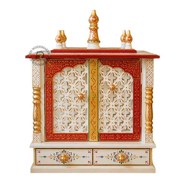 PREMIUM HAND PAINTED WOODEN HOME TEMPLE WITH DOUBLE DOORS & STORAGE DRAWERS