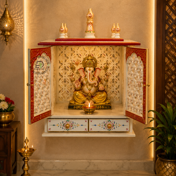 PREMIUM HAND PAINTED WOODEN HOME TEMPLE WITH DOUBLE DOORS & STORAGE DRAWERS