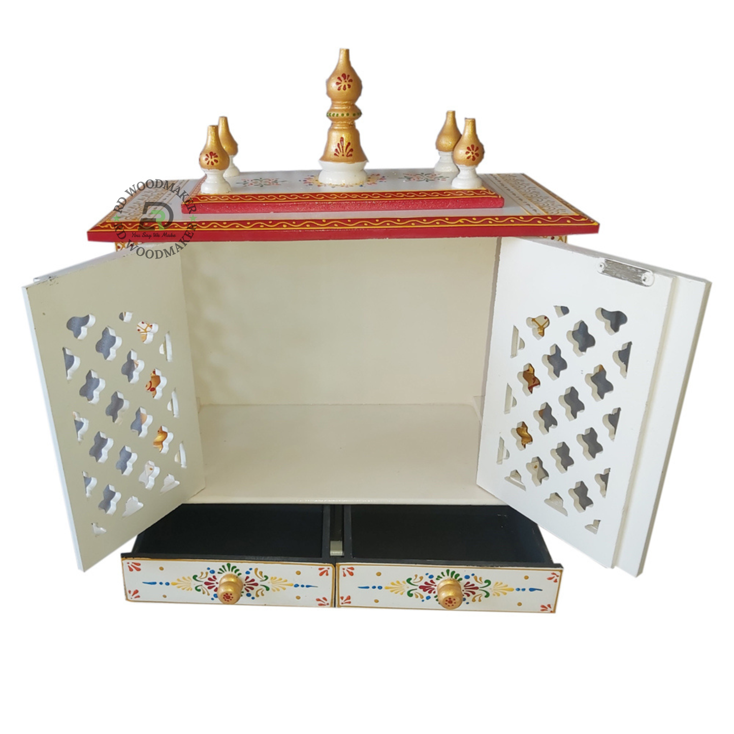 PREMIUM HAND PAINTED WOODEN HOME TEMPLE WITH DOUBLE DOORS & STORAGE DRAWERS
