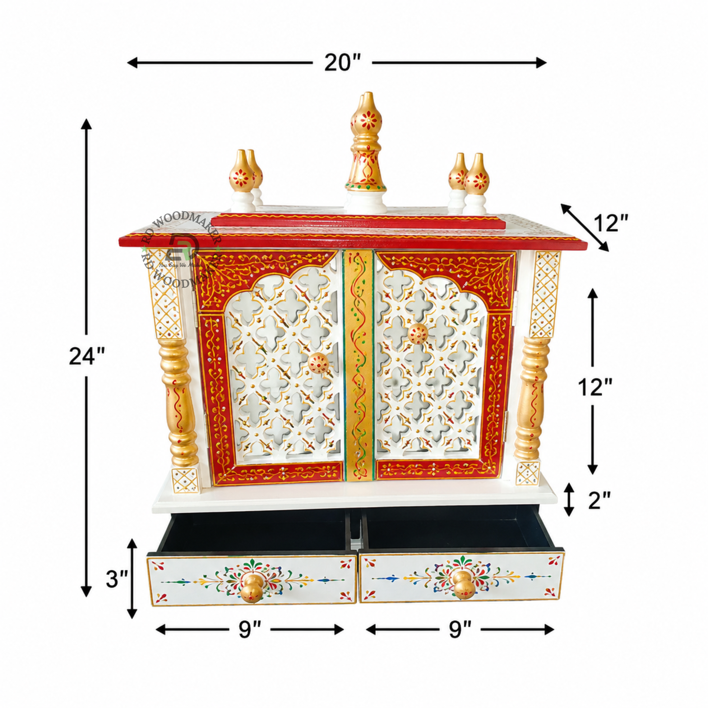 PREMIUM HAND PAINTED WOODEN HOME TEMPLE WITH DOUBLE DOORS & STORAGE DRAWERS