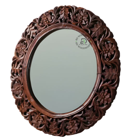 HAND CARVED ROUND FLORAL WOODEN MIRROR
