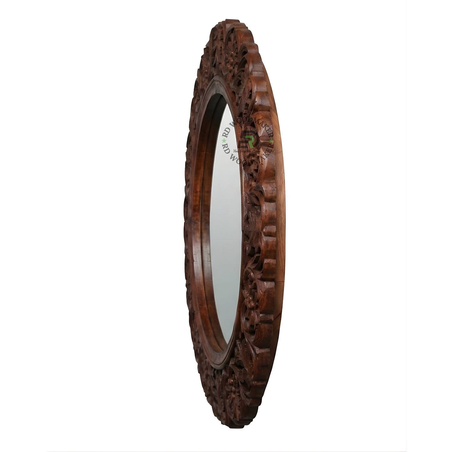 HAND CARVED ROUND FLORAL WOODEN MIRROR