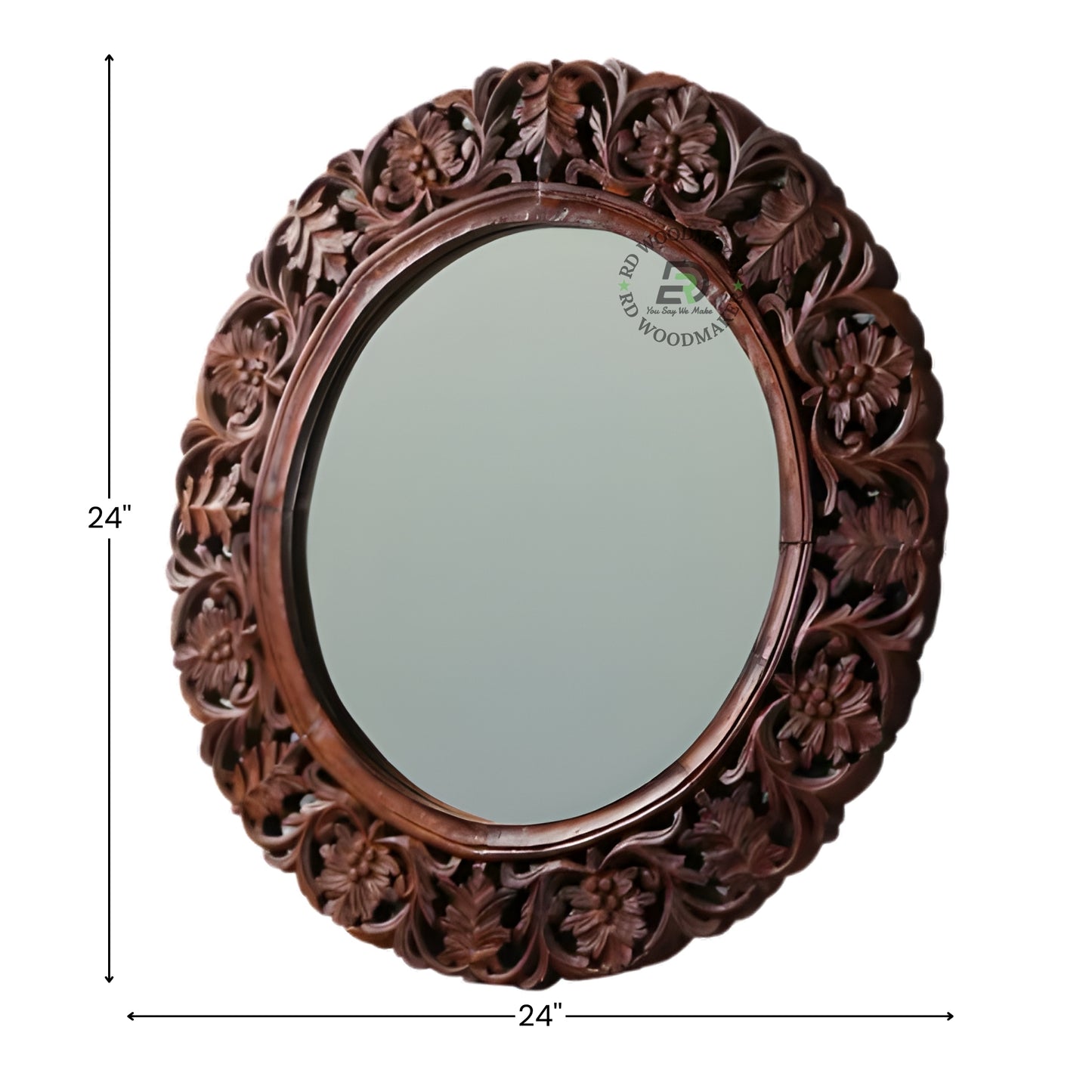 HAND CARVED ROUND FLORAL WOODEN MIRROR