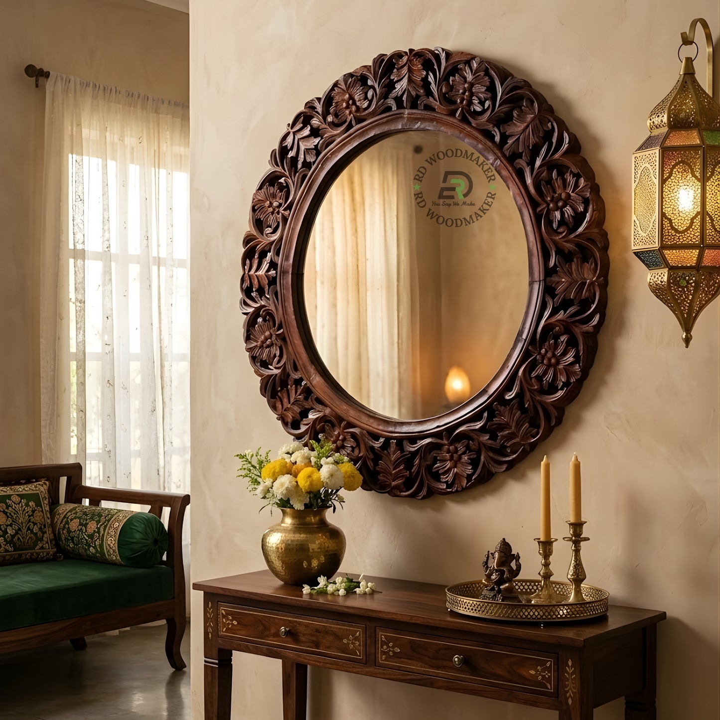 HAND CARVED ROUND FLORAL WOODEN MIRROR