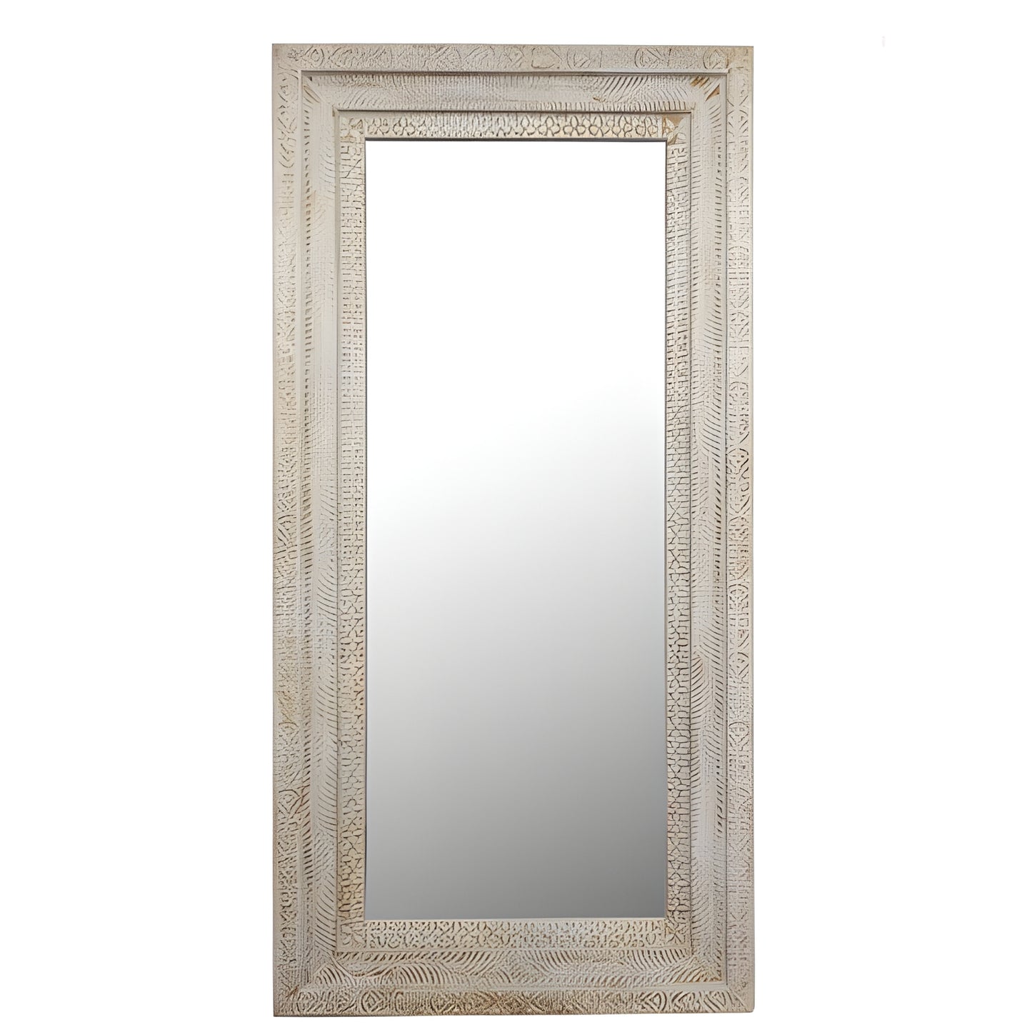 DISTRESSED WHITE CARVED FULL LENGTH WOODEN MIRROR