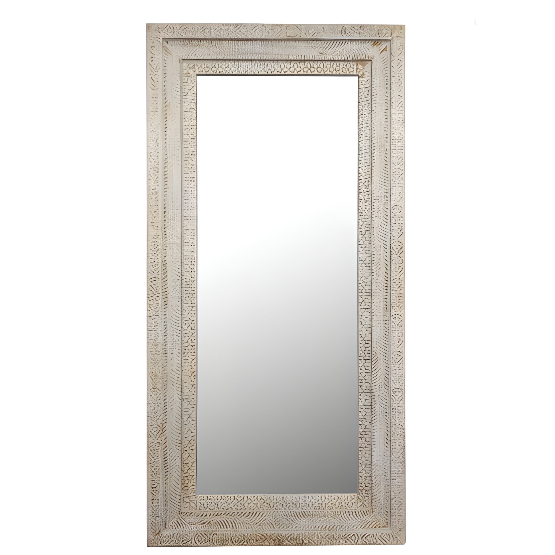 DISTRESSED WHITE CARVED FULL LENGTH WOODEN MIRROR