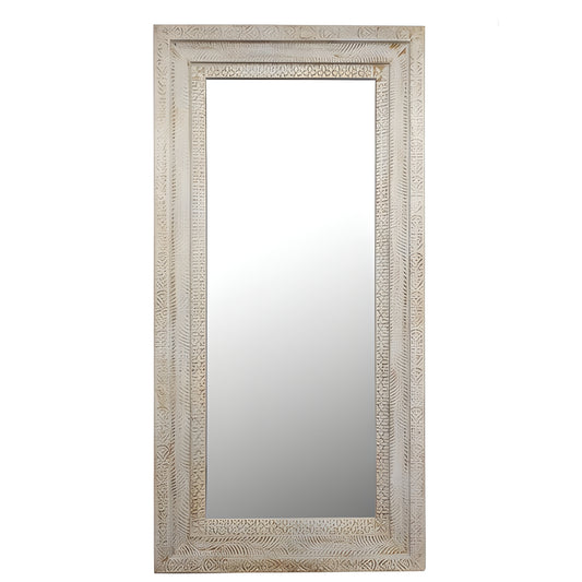 DISTRESSED WHITE CARVED FULL LENGTH WOODEN MIRROR